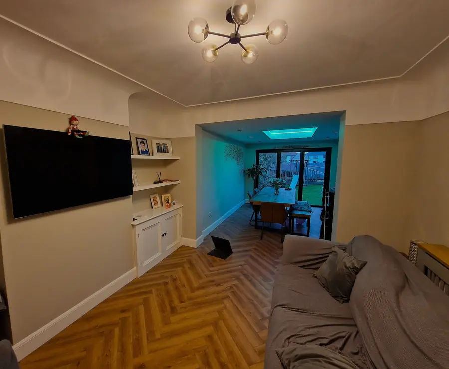 Lounge opened through into the extension with herringbone flooring