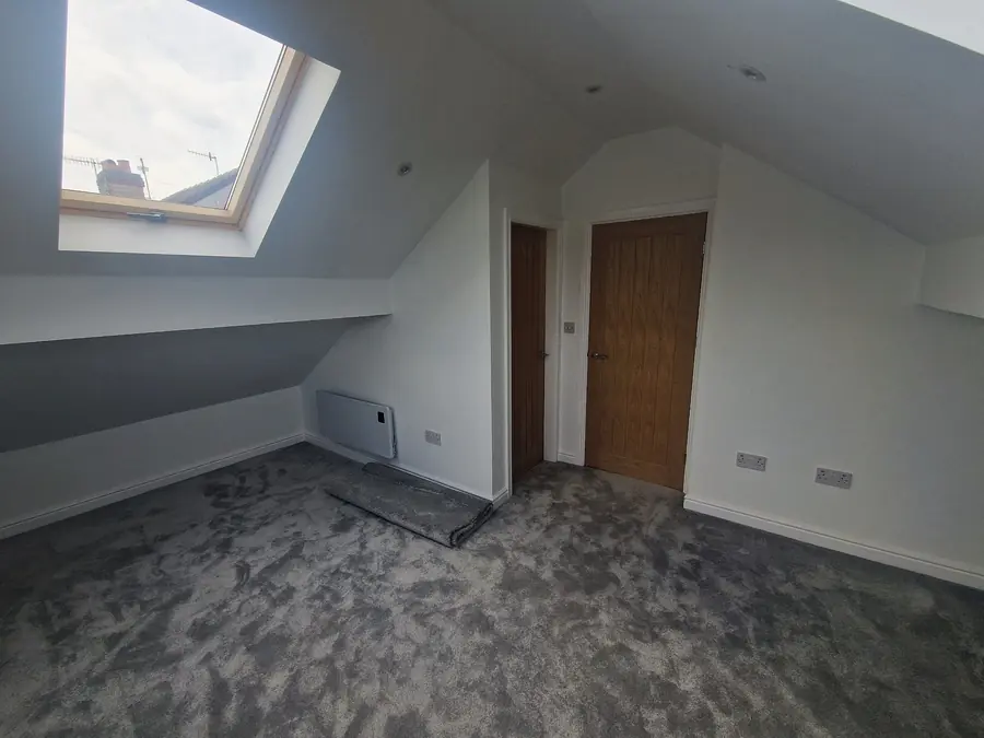 Loft room with roof window, grey carpet and oak door